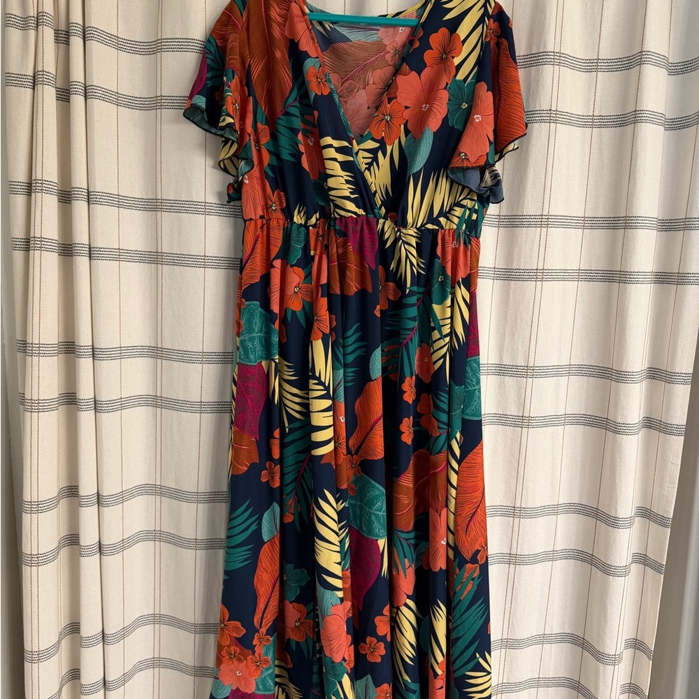 Tropical Floral Midi Dress in Navy and Orange